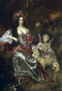 Catherine of Braganza als Hirtin, von einem Knaben, der einen Blumenstrauß in der Hand hält und von einem Mutterschaf mit seinem Lamm.