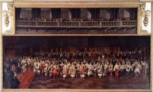 Gemälde mit der Audienz des Botschafters Claude-Lamoral I, Prince of Ligne, bei König Charles II von England im Banqueting House in Whitehall.