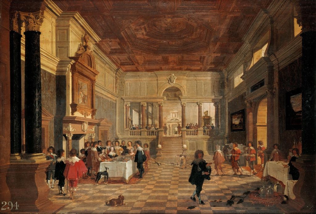 Halle im Schloss in welcher die genannten Mitglieder der königlichen Familie vor ihren Gästen und ihrer Bedienung speisen.