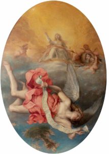 Ovales Deckenbild dominiert von einem Engel, der Göttin der Gerechtigkeit und einem Porträt Charles II.