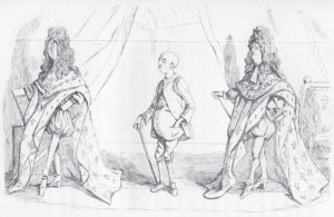 Karikatur Louis XIV, in der durch drei Figuren gezeigt wird, dass sich ein König durch seine Kleider auszeichnet.