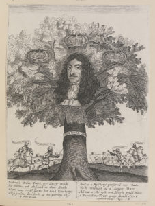 Stich von Charles II dessen Porträt in einem Eichenbaum erscheint, flankiert von drei Kronen.