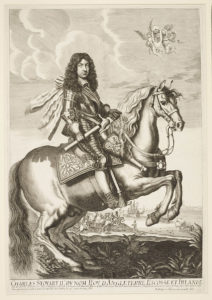 Stich von Charles II der in voller Rüstung auf einem Pferd sitzt.